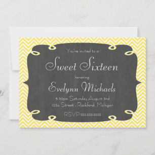 Yellow Chevron Chalkboard Sweet Sixteen Invitation