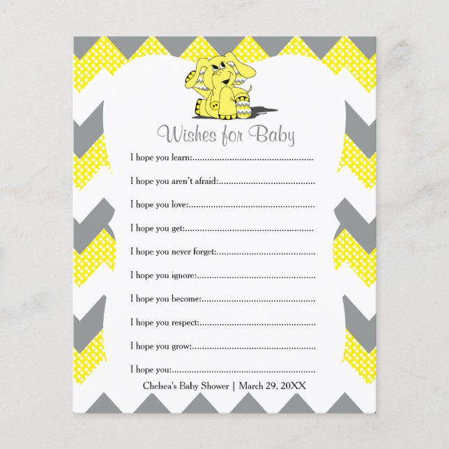 Yellow Chevron Elephant Baby Shower - Wishes (Front)