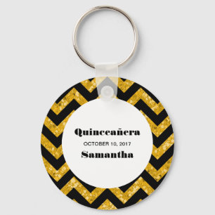Yellow Chevron Glitter Quinceañera Keychain