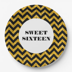 Yellow Chevron Glitter Sweet 16 Paper Plates