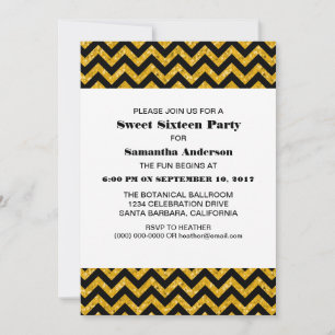 Yellow Chevron Glitter Sweet 16 Party Invite
