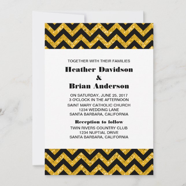 Yellow Chevron Glitter Wedding Invite (Front)