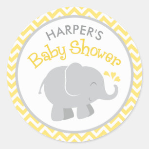 Yellow Chevron Grey Elephant Baby Shower Classic Round Sticker