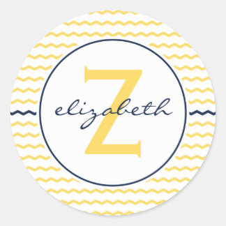 Yellow Chevron Monogram Classic Round Sticker