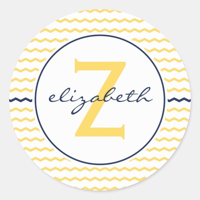 Yellow Chevron Monogram Classic Round Sticker (Front)