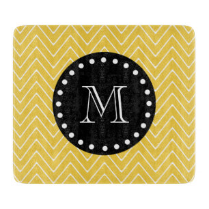 Yellow Chevron Pattern Black Monogram Cutting Board