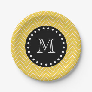 Yellow Chevron Pattern Black Monogram Paper Plate