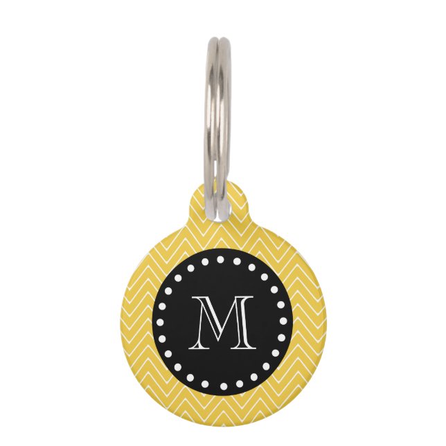 Yellow Chevron Pattern | Black Monogram Pet Tag (Front)