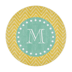 Yellow Chevron Pattern Mint Green Monogram Cutting Board