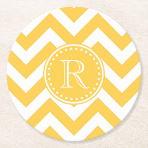 Yellow Chevron Pattern Round Paper Coaster