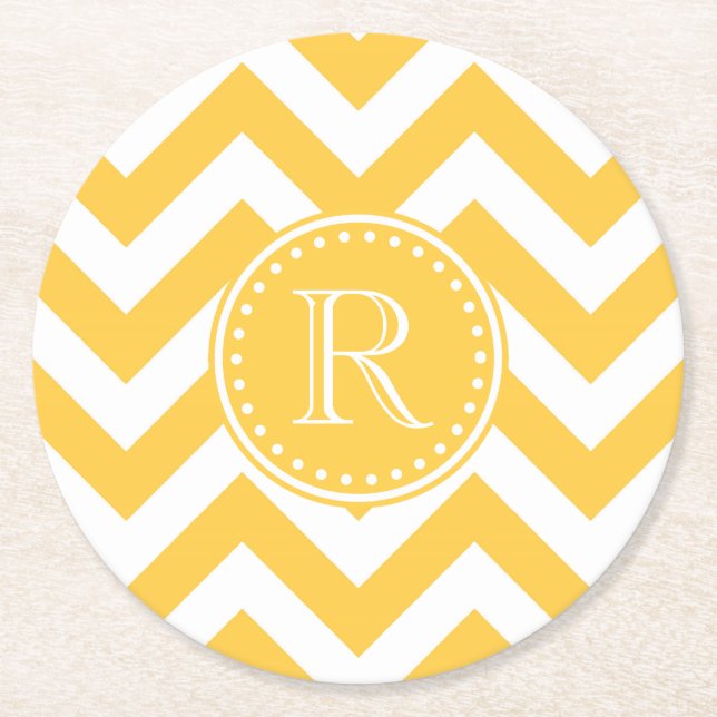 Yellow Chevron Pattern Round Paper Coaster (Front)