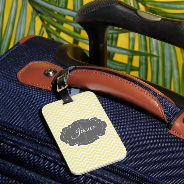 Yellow Chevron Personalised Luggage Tag (Front Insitu 1)