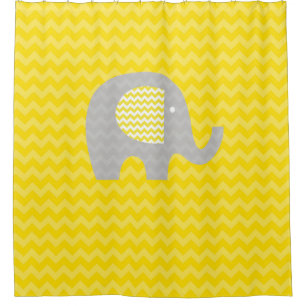 Yellow Chevron Stripe With Grey Elephant Shower Curtain