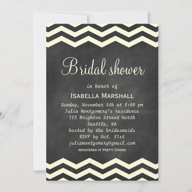 Yellow Chevrons on Chalkboard Bridal Shower Invite (Front)