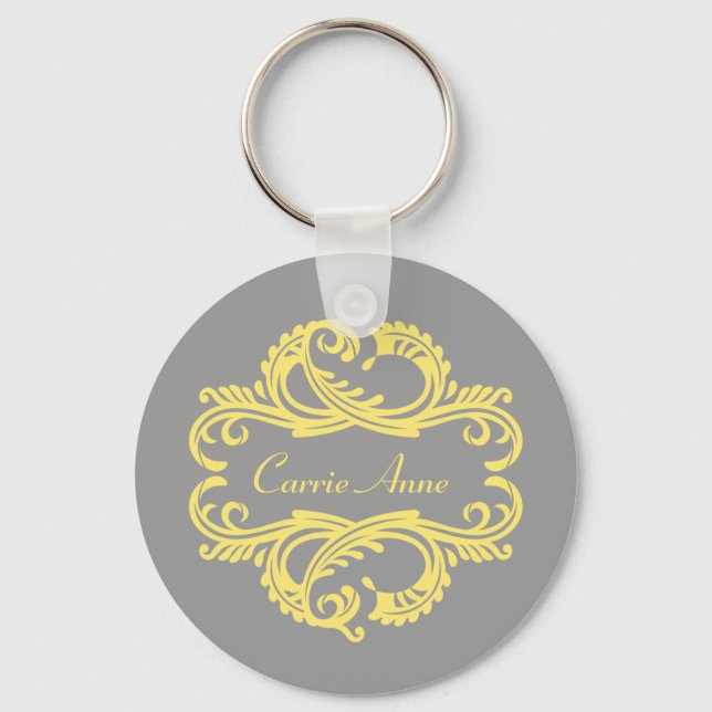 Yellow Chic Damask Keychain (Front)