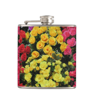 yellow,Chic, vintage, red, pink, roses, flowers, Hip Flask