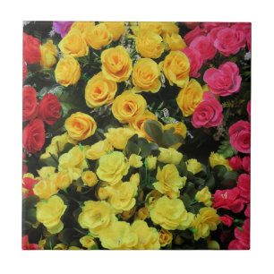yellow,Chic, vintage, red, pink, roses, flowers, Tile