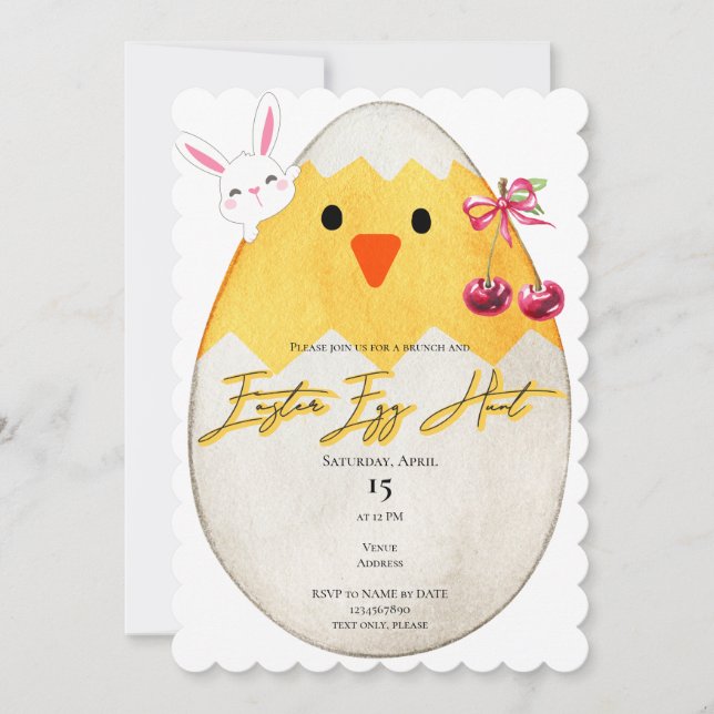 Yellow Chick Easter Egg Hunt Bunny Cherry Bow Invitation (Front)