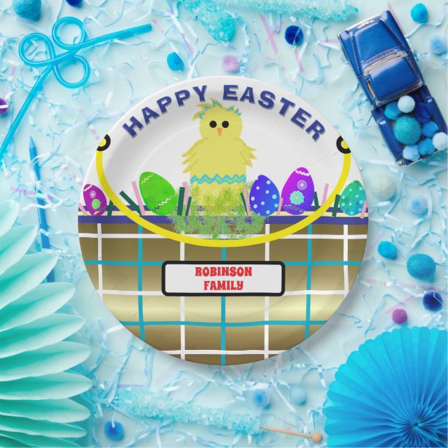Yellow Chick Egg Blue Gold Easter Basket Paper Plate (Party)