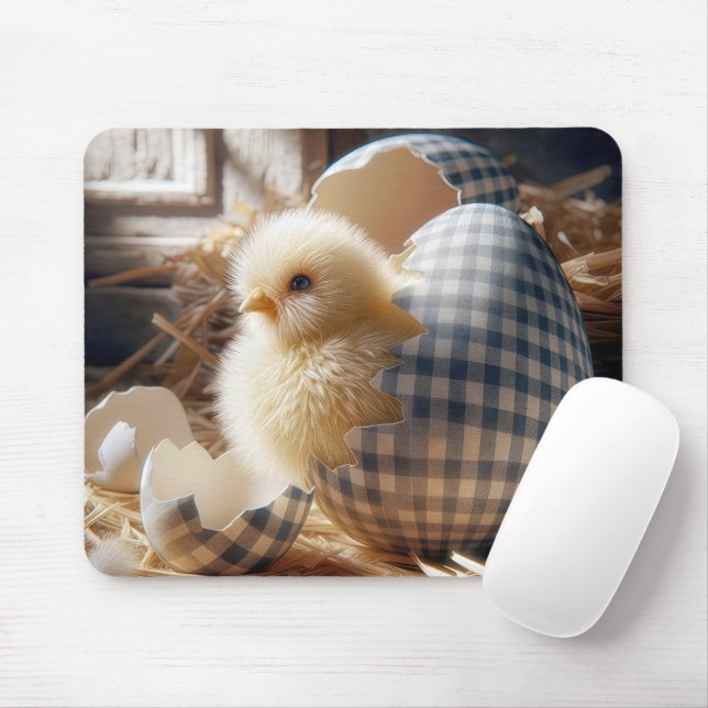 Yellow Chick Hatching From a Gingham Egg Mouse Mat (With Mouse)