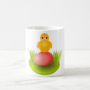 Yellow chick sitting on egg waiting for his sister coffee mug