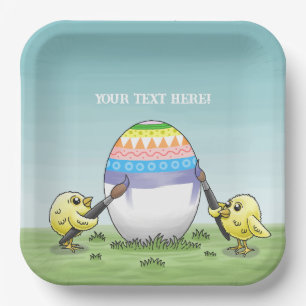 Yellow chicks paints a colourful Easter egg Paper Plate