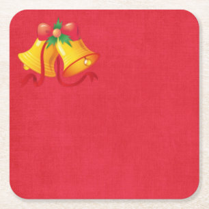 Yellow Christmas Bells on Red Paper Coaster