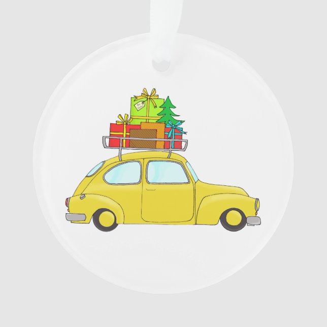 Yellow Christmas car towing tree Ornament (Front)