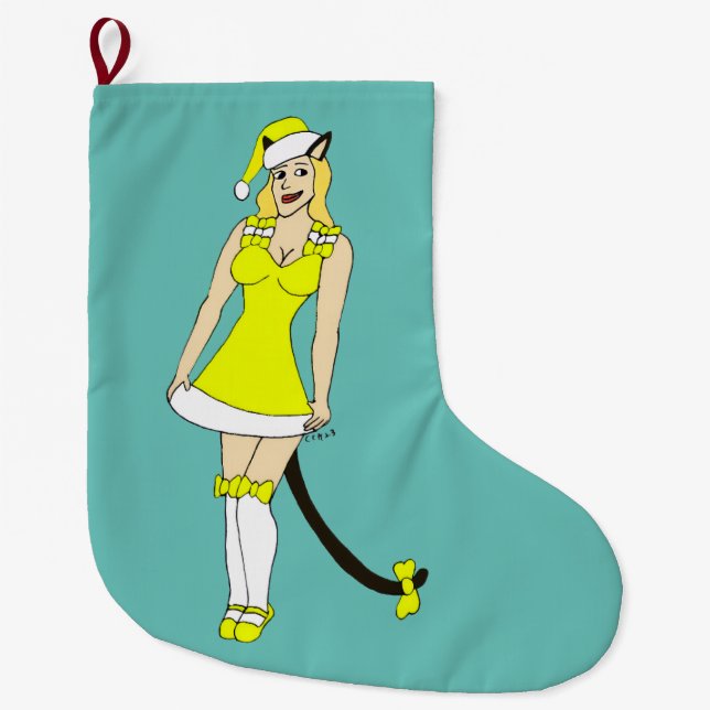 Yellow Christmas catgirl Large Christmas Stocking (Front)