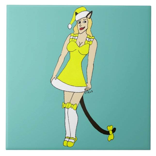 Yellow Christmas catgirl Tile (Front)