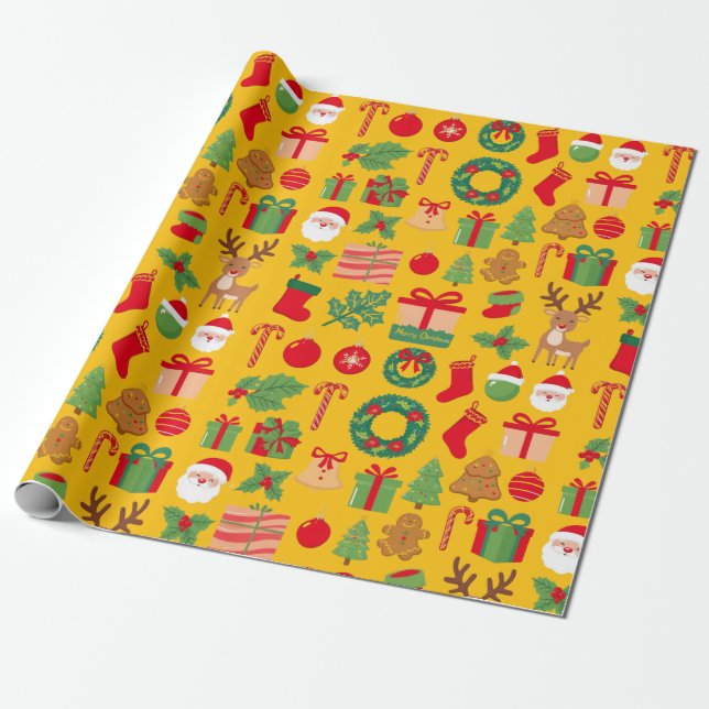 Yellow Christmas Gift All  Wrapping Paper (Unrolled)