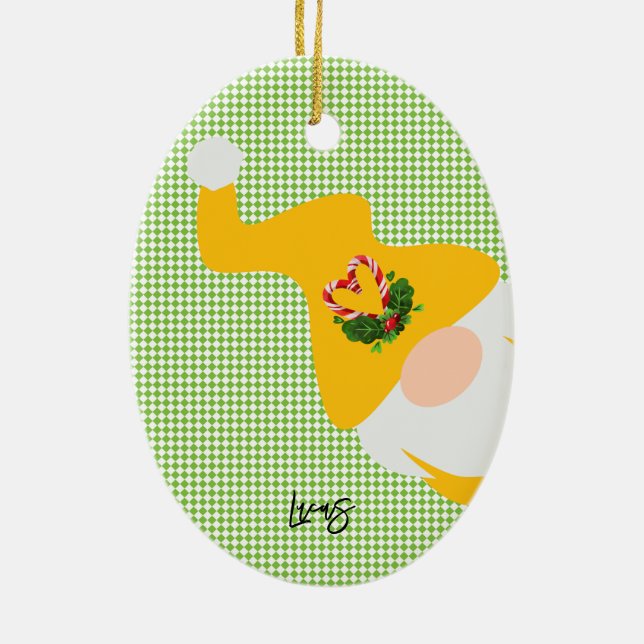 yellow christmas gnome pattern name chequered funn ceramic tree decoration (Back)