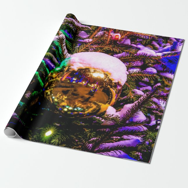 Yellow Christmas Ornament Ball Wrapping Paper (Unrolled)