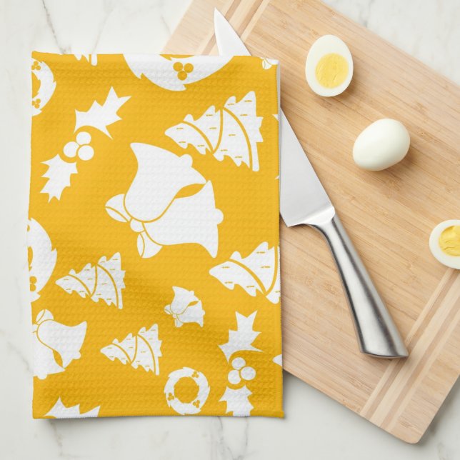 Yellow Christmas Pattern Tea Towel (Quarter Fold)