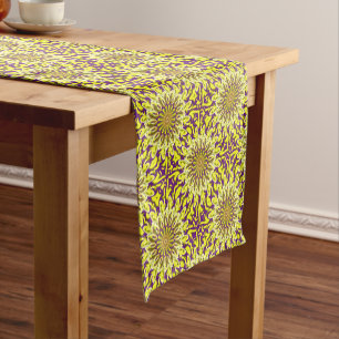 Yellow Chrysanthemum Floral Purple Patterned Short Table Runner