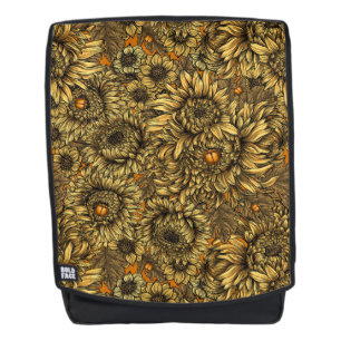 Yellow chrysanthemum flowers and orange beetles backpack
