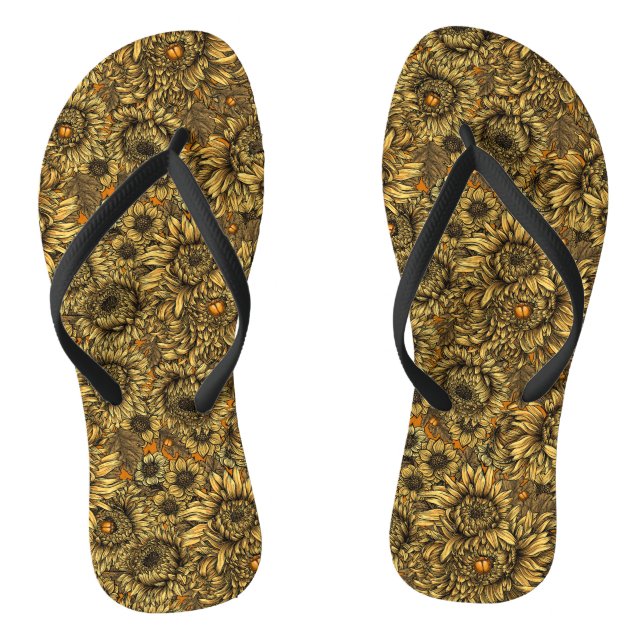Yellow chrysanthemum flowers and orange beetles flip flops (Footbed)