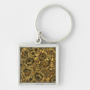 Yellow chrysanthemum flowers and orange beetles key ring