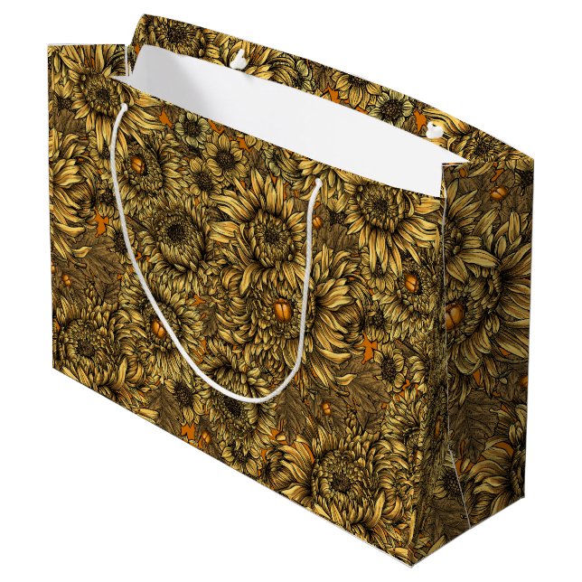 Yellow chrysanthemum flowers and orange beetles large gift bag (Back Angled)