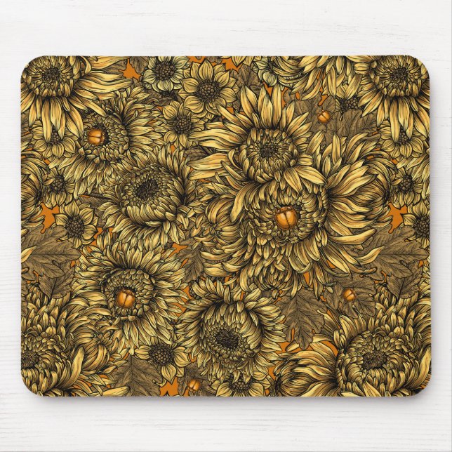 Yellow chrysanthemum flowers and orange beetles mouse mat (Front)