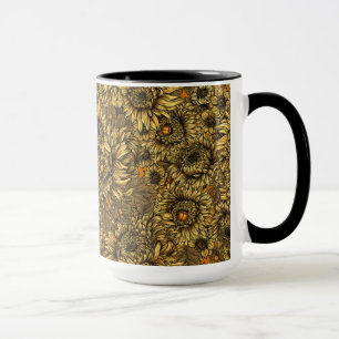 Yellow chrysanthemum flowers and orange beetles mug