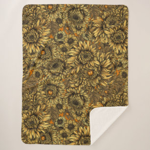 Yellow chrysanthemum flowers and orange beetles sherpa blanket