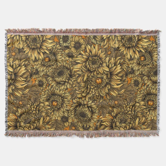 Yellow chrysanthemum flowers and orange beetles throw blanket (Front)