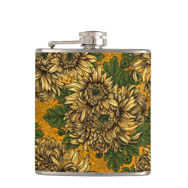 Yellow chrysanthemum flowers hip flask (Front)