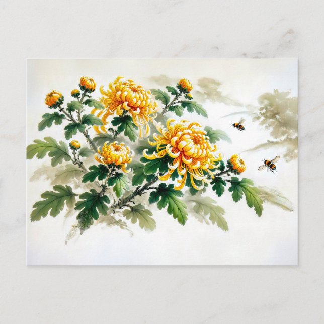 Yellow Chrysanthemums Asian Ink Painting Holiday Postcard (Front)