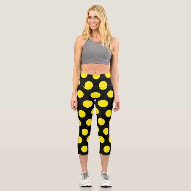 Yellow Circles on Black Background Capri Leggings (Front)