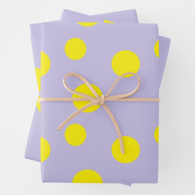 Yellow circles on purple pattern wrapping paper sheet (In situ)