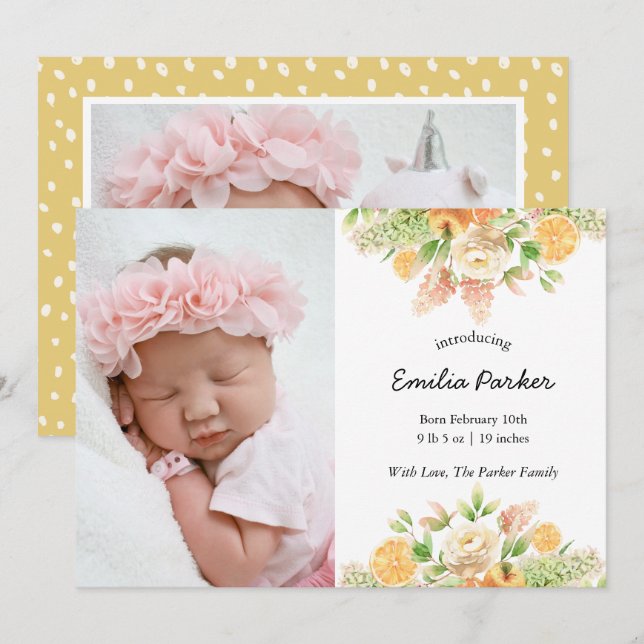 Yellow Citrus Fruit | Modern Elegant Floral Birth Announcement (Front/Back)