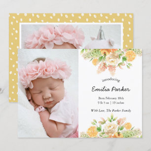 Yellow Citrus Fruit Modern Elegant Floral Birth Announcement
