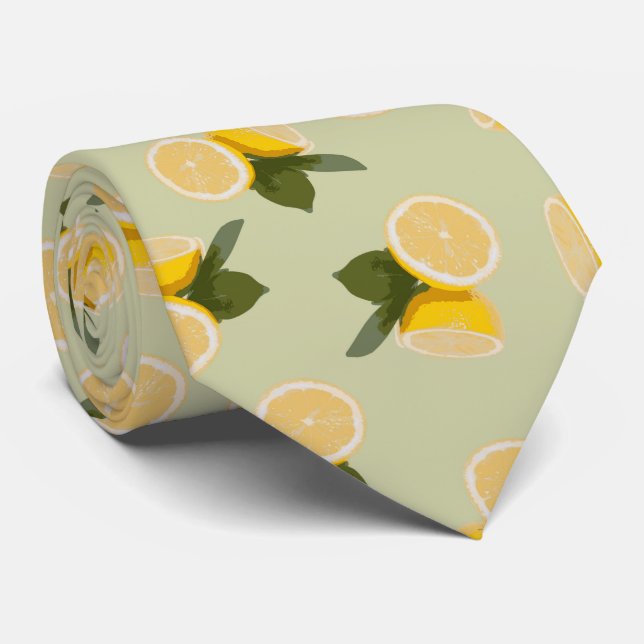 Yellow Citrus Lemon Fruit on Pale Lime Green Tie (Rolled)